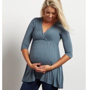 PinkBlush Slate Blue Draped Front 3/4 Sleeve Maternity/Nursing Top Medium